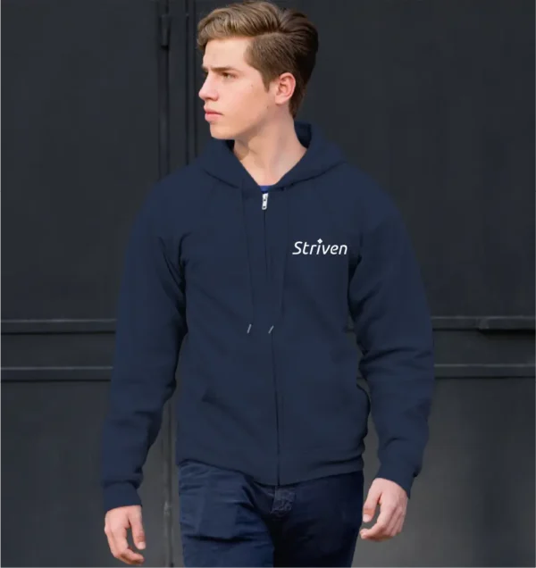 Blue Hoodie with Zipper & Small Striven Logo