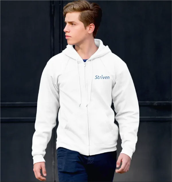 White Hoodie with Zipper & Small Striven Logo