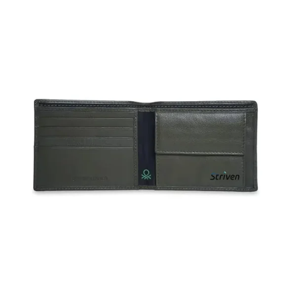 United Colors of Benetton Men's Leather Wallet Armagh - Olive Green| Global Coin Wallet with RFID Protection, Multiple Card Slots | Coin Pocket | Bi-Fold Purse for Men with striven logo