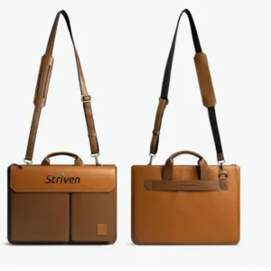 DailyObjects Leather Urban Tech Briefcase Bag | Laptop Messenger Bag with Sturdy Handle | Detachable Shoulder Strap | Magnetic Closure & Trolley Sleeve | Compatible with MacBook & Laptops Upto 14 Inch with striven logo