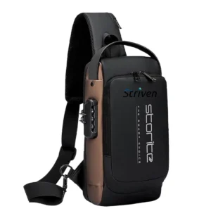 Storite Sling Bag for Men Stylish Crossbody Backpack for Men & Women, Anti-Theft Chest Bag with USB Charging Port, Messenger Bags, Casual Shoulder Bag (Black Brown - 17 x 9 x 32 Cm) with striven logo