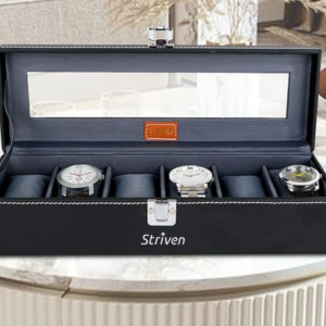 Watch Box Holder Organizer Case in 6 slots of Watches with Transparent Look Black & Gray color Velvet with Striven Logo