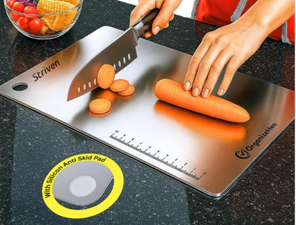 Large Chopping Board Stainless Steel Metal Cutting Kitchen,Heavy Duty Choping-Board Vegetable, Meats vegitable Chopper Boards,Safe Durable with Anti-Skid Silicon Pad (Large)(36CM X 25CM) striven