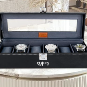 Watch Box Holder Organizer Case in 6 slots of Watches with Transparent Look Black & Gray color Velvet with Miles IT Logo