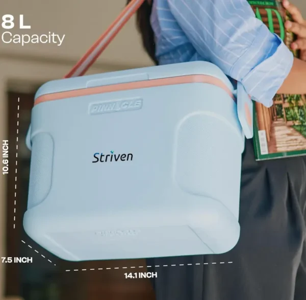 Pinnacle Passion 8L Chiller Ice Box | Fits 12 Cans | Holds Ice Upto 36 hrs | Adjustable Straps, Lid-Lock & Drink Holder| Portable Insulated Ice Cooler Box for Picnic, Car Travelling, Parties Striven logo