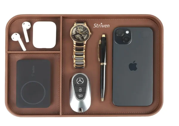 Premium Vegan Leather Valet Tray 30X20.5 cm | Stylish & Modern Office Desk Tray | Table/Bedside/Entryway Organiser For Everyday Essentials Like Keys, Phone, Watch, Wallet, Striven Logo