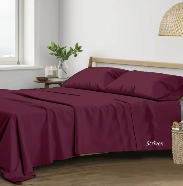 Trance Home Linen Pure 100% Cotton 400TC Plain King Size Bedsheet with 2 Pillow Covers (Deep Wine) with Striven logo
